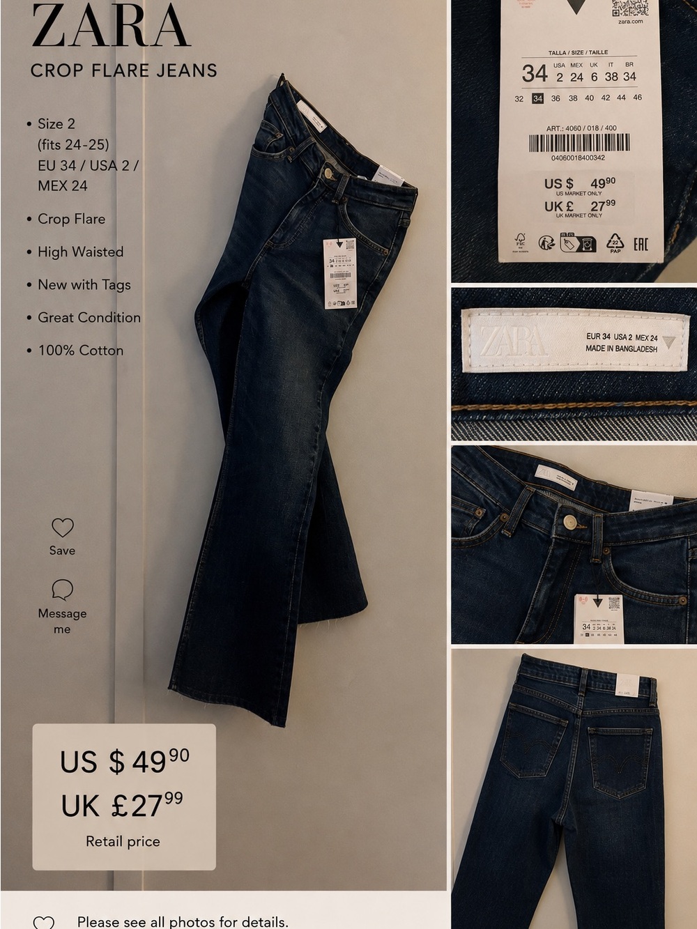 Zara Dark Blue Crop Flare Jeans